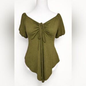 Olive Green Tie Front Top Women’s XXL | Boho Short Sleeve Blouse